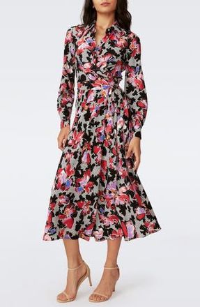 Diane Von F&uuml;rstenberg Tori Long Sleeve Crepe Wrap Shirtdress in Odette Floral at Nordstrom Rack, Size X-Small