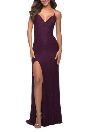 La Femme Gorgeous Jewel Tone Tulle and Lace Mermaid Gown in Dark Berry at Nordstrom, Size 16