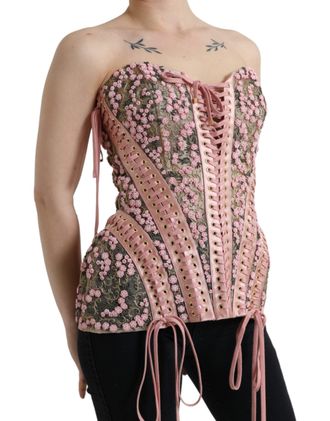 Dolce & Gabbana Womens Pink Floral Applique Bustier Corset Top Nylon Silk