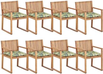 Beliani Conjunto De 8 Sillas De Jard&iacute;n R&uacute;sticas De Madera De Acacia Certificada Clara Con Cojines De Asiento Verde Motivo Hojas Sassari Ii