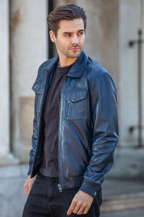 Ashwood Leather Mens Torino Classic Real Classic Bomber Jacket With Brando Collar - Navy - Size X-Large