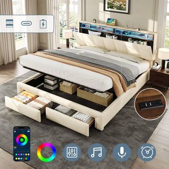Matteo King Bed Frame - LED, Hydraulic Storage & Charging, Beige Linen