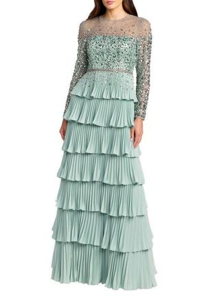 Mac Duggal Crepe Ruffled Long Sleeve Evening Gown with Beaded Mesh Top in Sage at Nordstrom, Size 10