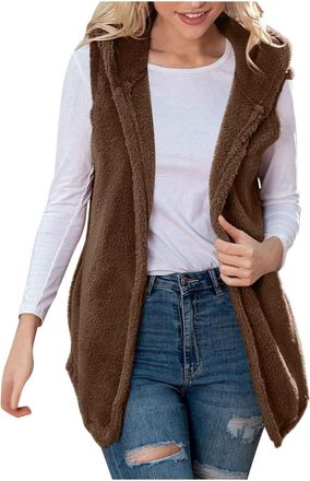 Generic Mrat Teddy Fleece Gilet for Women UK Sleeveless Open Front Long Coats Sherpa Fluffy Vest Waistcoat Ladies Elegant Solid Color Lightweight Cozy Gilets 