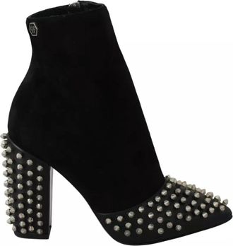 Philipp Plein Zwarte Suede Enkellaarsjes met Noppen - Dames - Laarzen met Hak - Zwart - 36 EU - Schoenen