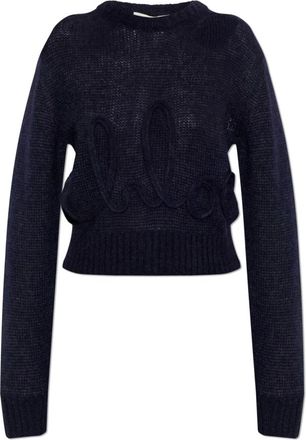 Chloé Truien & Vesten, Dames, Blauw, L, Wol, Logo Trui van Alpaca Wol & Zijde Knit