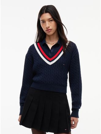 Tommy Hilfiger Womens Tommy Jeans Cable Knit Cricket Sweater - Dark Blue - XXS