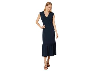 Tommy Hilfiger Solid Tiered Midi Dress Womens Dress Sky Captain : SM (US 4-6), Elastane/Polyester/Rayon