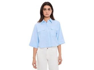 Blank NYC Sky Dive Button Down Shirt Womens Clothing Blue/White : LG, Cotton/Polyester