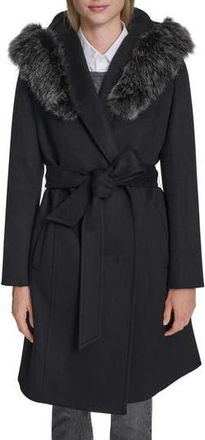 Cole Haan Slick Wool Blend Coat with Faux Fur Trim Hood in Black at Nordstrom Rack, Size 14