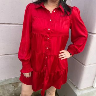 Peach Love California Rhinestone Button Down Shirt Dress In Red