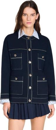 Sandro Contrast stitch cardigan in Navy Blue at Nordstrom, Size X-Small