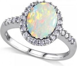 Allurez Oval Opal & Halo Diamond Engagement Ring 14k White Gold 2.07ct