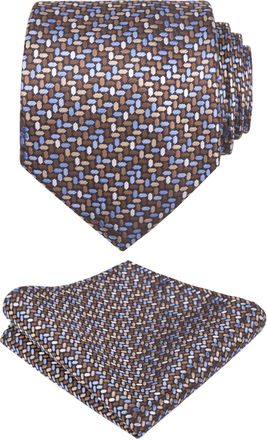 Alizeal Mens Regular Geometric Pattern Tie and Hanky Unique Classic for Business Wedding Necktie Set, Coffee+Blue