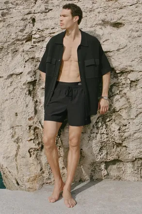 Alo | Sports Club Sweater Knit Short Sleeve Button Up Top in Black, Size: Medium