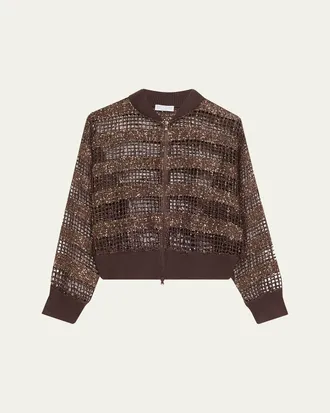 Brunello Cucinelli Sparkling Sequin Net Knit Bomber Jacket