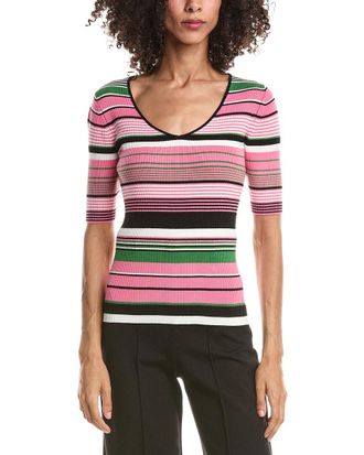 T Tahari Elbow Sleeve Variegated Rib V-Neck Pullover