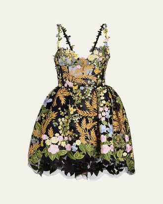 Oscar De La Renta Mixed Botanical Embroidered Tulle High-Low Bustier Dress