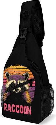 Generic Raccoon Vintage Sunset Unisex Shoulder Bags Casual Crossbody Chest Bag Sling Backpack for Hiking Cycling Travel