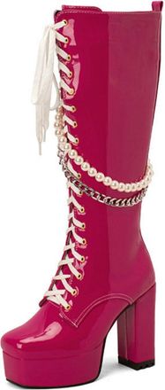Generic Womens Patent Leather Lace-Up Front Biker Boots with Platform Chunky Heel & Pearls Chain Accents,Punk Gothic Style,Rose Pink,7.5 UK