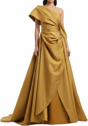 Isabel Sanchis One-Shoulder Evening Gown In Dark Gold