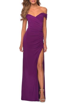 La Femme Off the Shoulder Fully Ruched Floor Length Gown in Purple at Nordstrom, Size 00