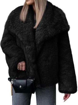 Generic Womens Fall and Winter Elegant Classic Lapel Fluffy Warm Faux Fur Coat Fashion Street Trend Business Loose Soft Solid Color Coat (Black,S)