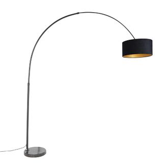 QAZQA Qazqa + Moderno L&aacute;mpara De Arco Negra Con Pantalla De Terciopelo Negro Con Dorado 50 Cm - Xxl Acero /m&aacute;rmol /textil Alargada /cil&iacute;ndra /redonda Adecua
