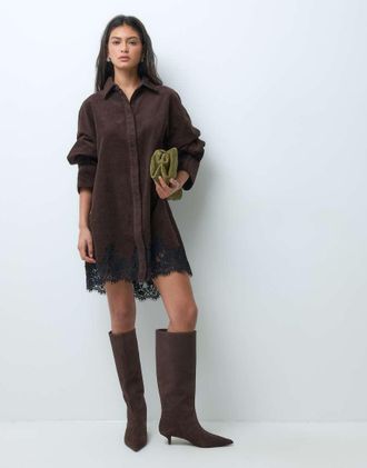 Asos abito camicia mini oversize in velluto a coste con orlo in pizzo color cioccolato-Marrone