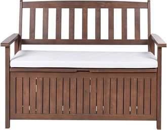 Beliani Banco De Jard&iacute;n Con Almacenaje De Madera Maciza De Acacia 2 Plazas 120 Cm Color Oscuro Con Coj&iacute;n Blanco Sovana