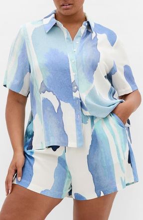 City Chic Level Up Short Sleeve Button-Up Shirt in Tranquil at Nordstrom, Size Xxxs