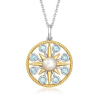 Ross-Simons 6-6.5mm Cultured Pearl and. Sky Blue Topaz Sun Pendant Necklace in Sterling Silver and 18kt Gold Over Sterling