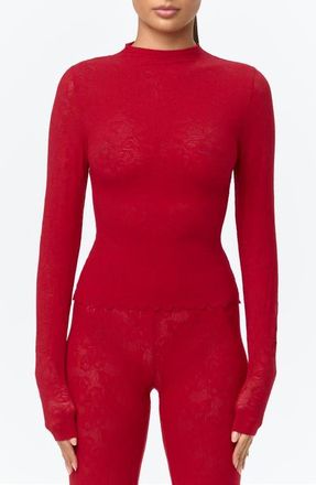 Naked Wardrobe Scalloped Hem Stretch Lace Top in Ruby Red at Nordstrom, Size X-Small