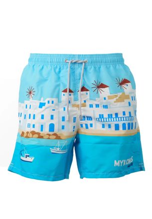 MC2 Saint Barth Mens Swimwear Shorts with Vibrant Seaside Town Print