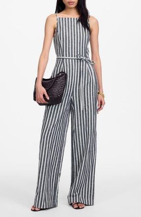 Madewell Pinstripe Pleated Linen & Cotton Wide Leg Jumpsuit in Navy White Stripe at Nordstrom Rack, Size 00