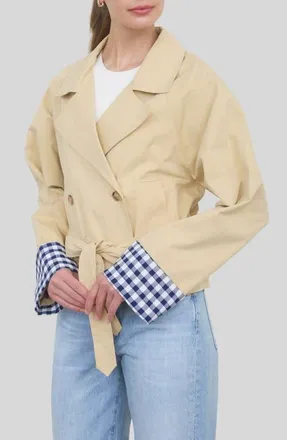 ZOE AND CLAIRE Gingham Cuff Short Trench Coat in Khaki at Nordstrom, Size X-Small