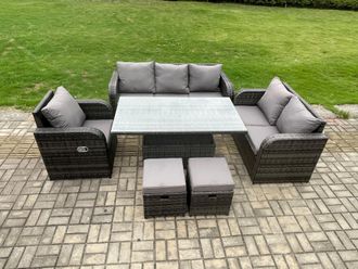 Fimous Outdoor Rattan Furniture Garden Dining Set Patio Height Adjustable Rising lifting Table Reclining Chair Sofa With 2 Small Footstools