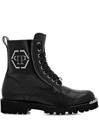 Philipp Plein logo-plaque lace-up boots - Black