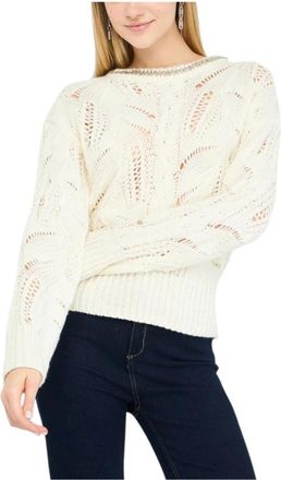 Liu Jo Gebreide trui met lange mouwen en strass-versiering - Dames - Ronde hals truien - Wit - XL - Wol - Truien & Vesten