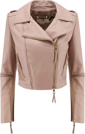 Elisabetta Franchi Leather Jackets, female, Pink, L, Stitched Leather Jacket with Asymmetric Zip