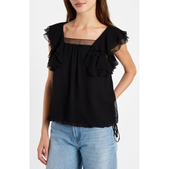 Santorelli Chass Ruffle Blouse in Silk Georgette in Black at Nordstrom, Size 10