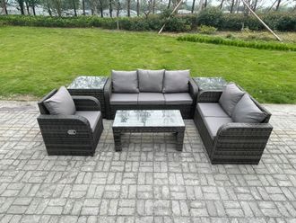 Fimous 6 Seater High Back Rattan Garden Furniture Set with Loveseat Sofa Rectangular Coffee Table 2 Side Tables Indoor Outdoor Patio Lounge Sofa Set