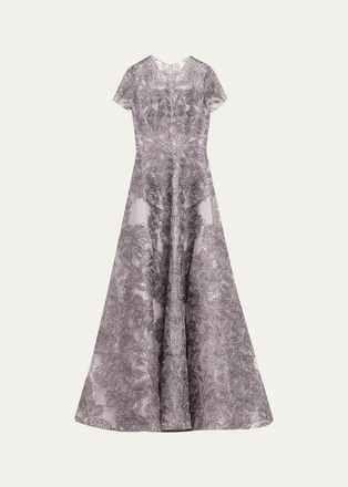 Naeem Khan Short-Sleeve Metallic Raffia Embroidered Gown