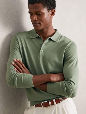 Reiss Harper Green Wool Long-sleeve Polo Shirt, Xxl