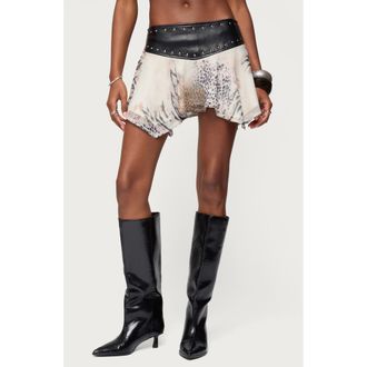 Edikted Letta Animal Print Chiffon & Faux Leather Miniskirt in Mix at Nordstrom, Size X-Small