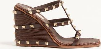 Valentino Garavani Rockstud Wedge Slide in Calfskin with Cornely Embroidery 100mm Woman FONDANT 40.5