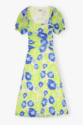 Ganni Blue Printed Mesh Puff Sleeve Midi Dress - Size 2 Recycled Nylon