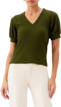 Karen Kane Puff Sleeve Rib V-Neck Top in Olive at Nordstrom, Size X-Large