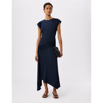 Whistles Lace Insert Asymmetric Midi Dress in Navy at Nordstrom, Size 12