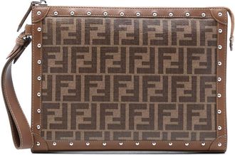Fendi Pre-owned Fendi Studded Leather Trimmed Zucca Coated Canvas Clutch 8AUKZEBC0HHR1BM7